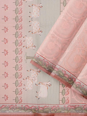 Light Peach Organza Saree with Floral Thread work on the body and Printed Border - Diadem