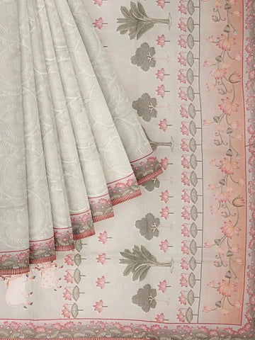 Light Peach Organza Saree with Floral Prints on the body and Thread work Embroidery Border - Diadem