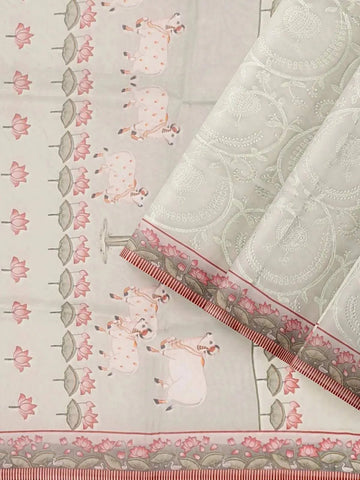 Light Peach Organza Saree with Floral Prints on the body and Thread work Embroidery Border - Diadem