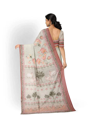 Light Peach Organza Saree with Floral Prints on the body and Thread work Embroidery Border - Diadem