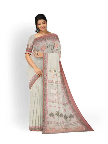 Light Peach Organza Saree with Floral Prints on the body and Thread work Embroidery Border - Diadem
