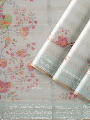 Light Blue Organza Silk Saree with Floral Prints on the body and Embroidery Border - Diadem