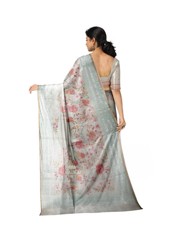 Light Blue Organza Silk Saree with Floral Prints on the body and Embroidery Border - Diadem