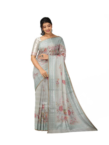 Light Blue Organza Silk Saree with Floral Prints on the body and Embroidery Border - Diadem