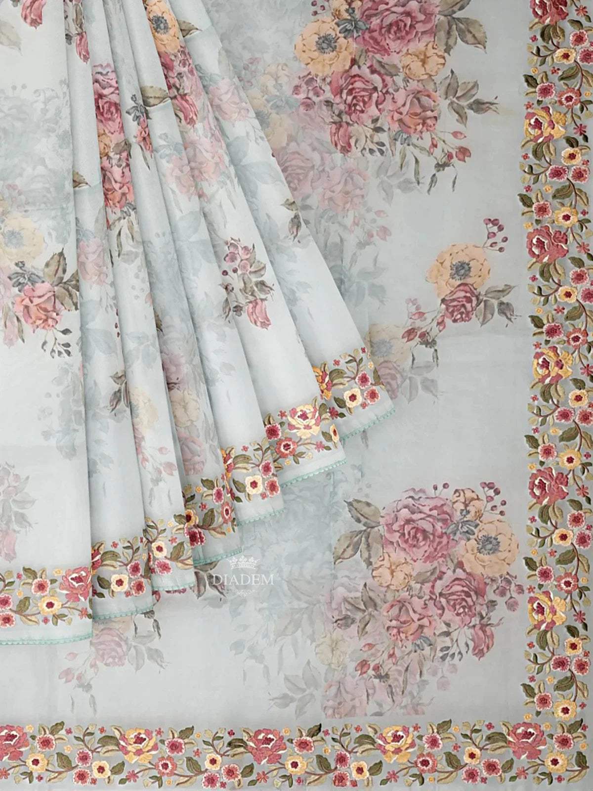 Light Blue Organza Silk Saree with Floral Prints on the body and Embroidery Border - Diadem