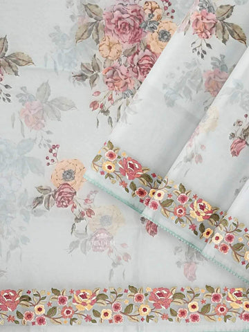 Light Blue Organza Silk Saree with Floral Prints on the body and Embroidery Border - Diadem