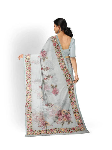 Light Blue Organza Silk Saree with Floral Prints on the body and Embroidery Border - Diadem