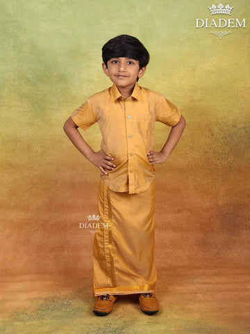 Gold Orange Raw Silk Dhoti with Matching Half Sleeve Shirt - Diadem