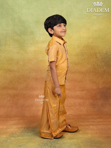 Gold Orange Raw Silk Dhoti with Matching Half Sleeve Shirt - Diadem