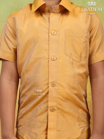 Gold Orange Raw Silk Dhoti with Matching Half Sleeve Shirt - Diadem