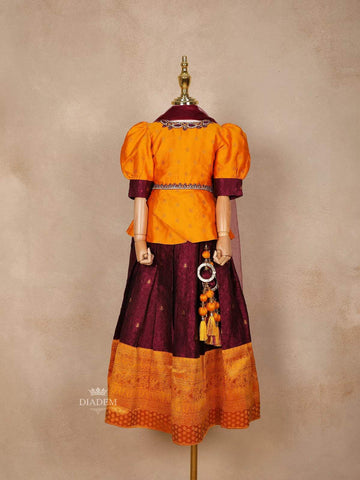 Orange and Wine Silk Pattu Pavadai Paired with Dupatta - Diadem