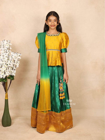 Mustard Yellow Silk Pavada Sattai Set for Girls - Diadem