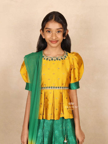 Mustard Yellow Silk Pavada Sattai Set for Girls - Diadem