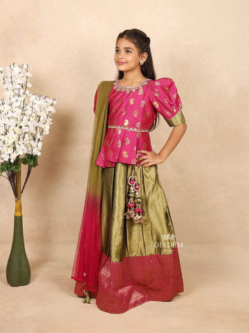 Pink with Green Silk Pavada Sattai Set with Floral Design on the Body and Dupatta - Diadem