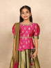 Pink with Green Silk Pavada Sattai Set with Floral Design on the Body and Dupatta - Diadem
