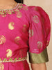 Pink with Green Silk Pavada Sattai Set with Floral Design on the Body and Dupatta - Diadem