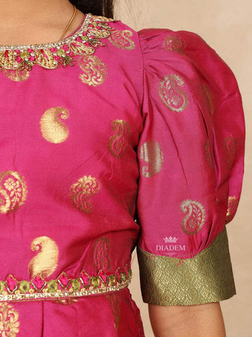 Pink with Green Silk Pavada Sattai Set with Floral Design on the Body and Dupatta - Diadem