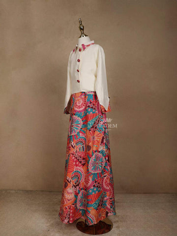 Off-White and Printed Satin Lehenga Embellished with Floral Prints - Diadem