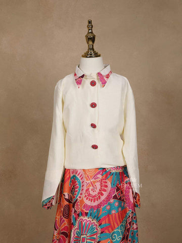 Off-White and Printed Satin Lehenga Embellished with Floral Prints - Diadem