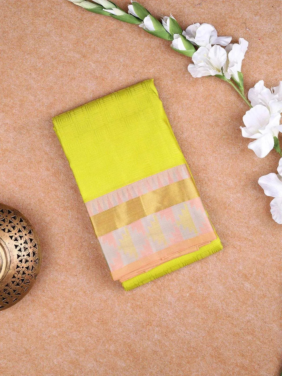 Light Green Pure Kanchipuram Bridal Silk Saree with Geometric Design on the Body with Zari Border - Diadem