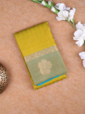 Olive Green Pure Kanchipuram Silk Saree with Diamond and Floral Design on the Body with Zari Border - Diadem