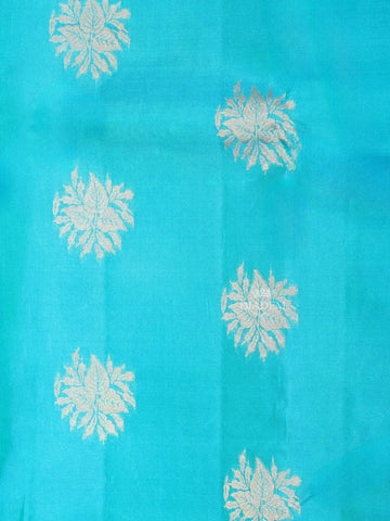 Sky Blue Pure Kanchipuram Bridal Silk Saree with Flower Motif on the Body with Zari Border - Diadem