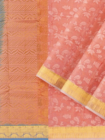 Peach Pure Kanchipuram Silk Saree with Floral Design and Contrast Zari Border - Diadem