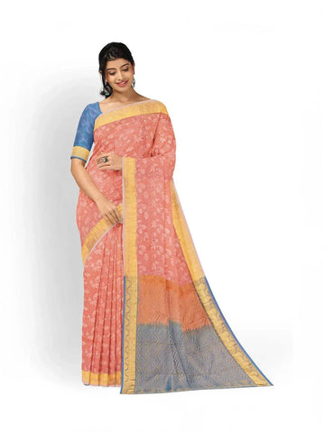 Peach Pure Kanchipuram Silk Saree with Floral Design and Contrast Zari Border - Diadem