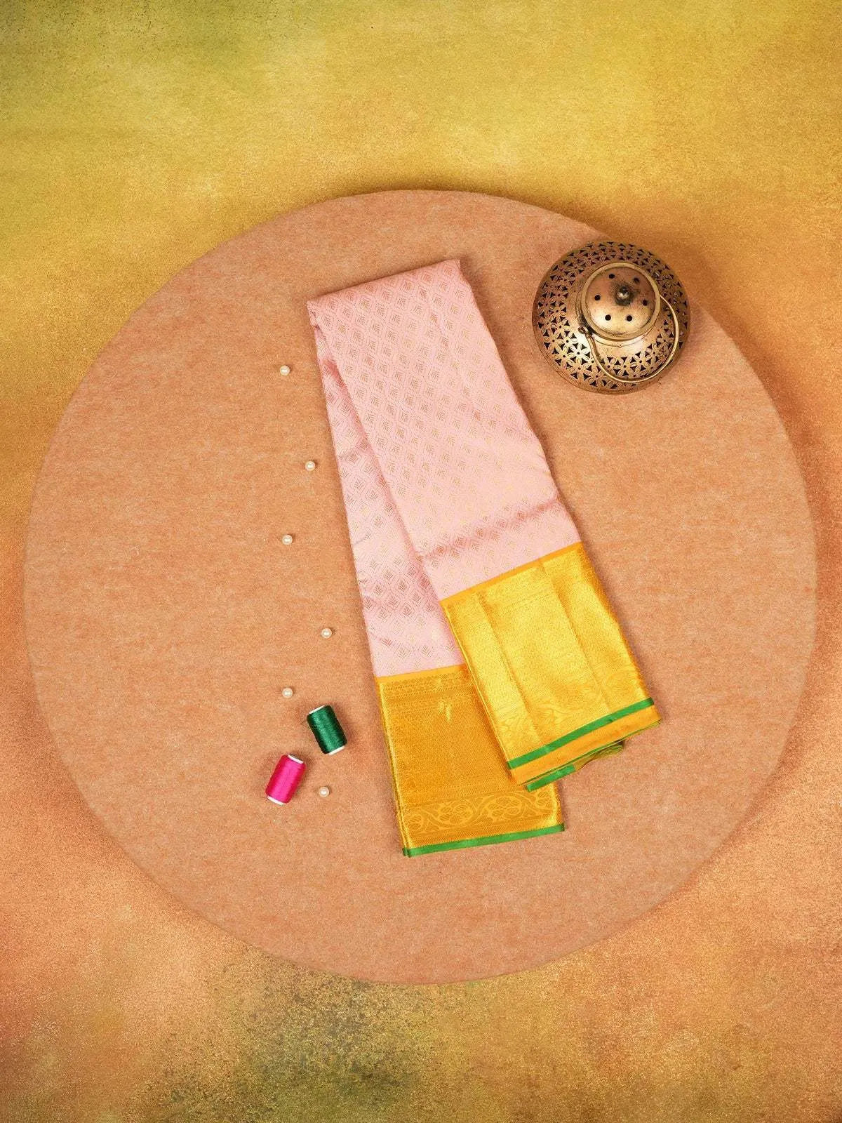 Pale Pink Pure Kanchipuram Silk Saree with Leaf Designs on the Body and with Contrast Border - Diadem