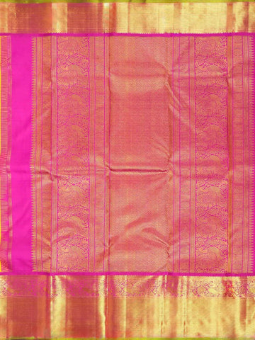 Bright Yellow Pure Kanchipuram Silk Saree with Floral Designs on the Body and with Contrast broad and Small Zari Border - Diadem