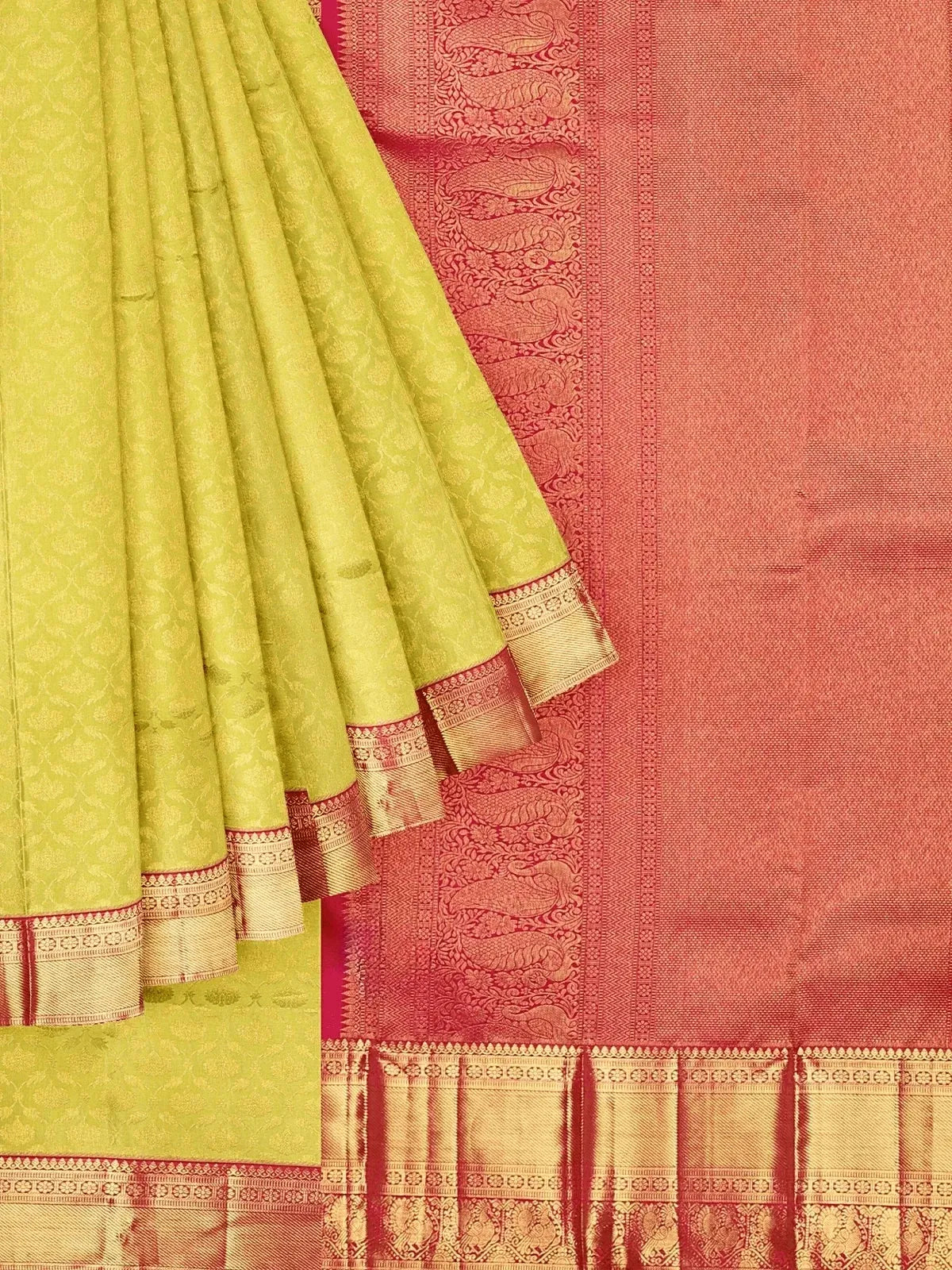 Parrot Green Pure Kanchipuram Bridal Silk Saree with Zari Brocade on the body and Contrast Zari Border - Diadem