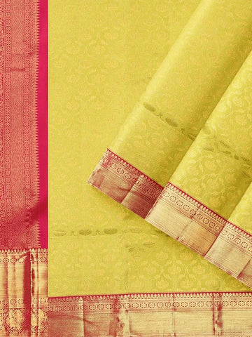 Parrot Green Pure Kanchipuram Bridal Silk Saree with Zari Brocade on the body and Contrast Zari Border - Diadem
