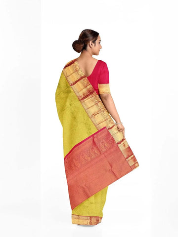 Parrot Green Pure Kanchipuram Bridal Silk Saree with Zari Brocade on the body and Contrast Zari Border - Diadem