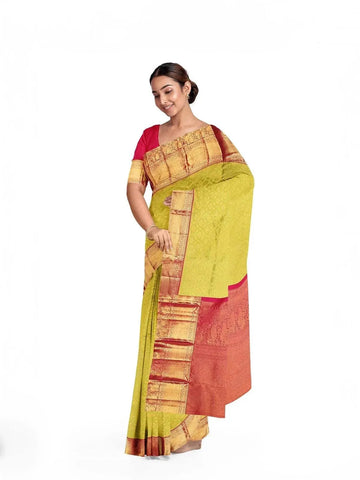 Parrot Green Pure Kanchipuram Bridal Silk Saree with Zari Brocade on the body and Contrast Zari Border - Diadem
