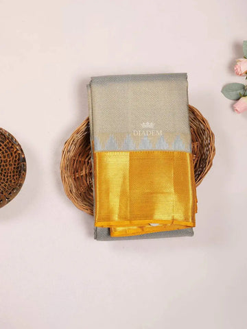 Blue Grey Pure Kanchipuram Bridal Silk Saree with Zari Brocade on the body and Contrast Zari Border - Diadem