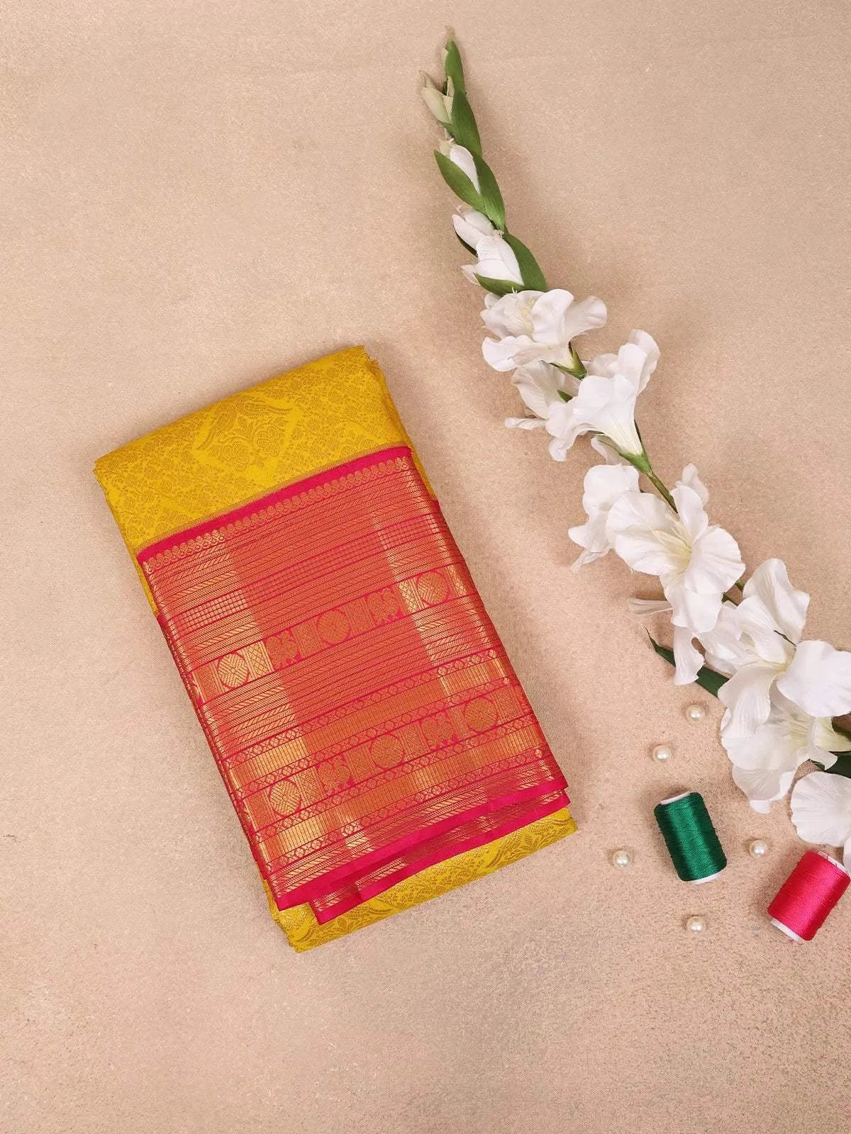 Gold Pure Kanchipuram Silk Saree with Floral Jacquard Design on the Body with Zari Border - Diadem