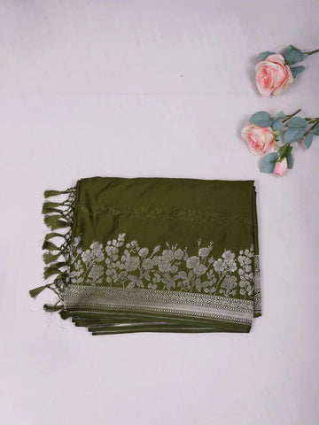 Olive Green Banarasi Saree with Floral Designs on the Body and Zari Border - Diadem