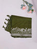 Olive Green Banarasi Saree with Floral Designs on the Body and Zari Border - Diadem