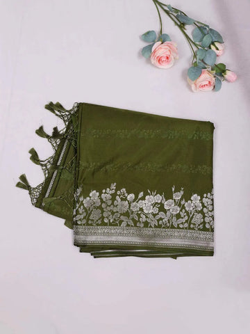 Olive Green Banarasi Saree with Floral Designs on the Body and Zari Border - Diadem