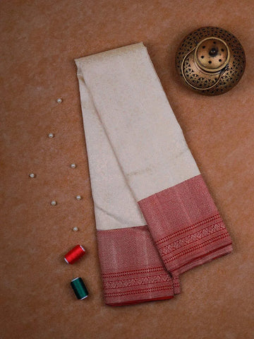 White Pure Kanchipuram Bridal Silk Saree with Floral and Vines Design on the Body with Korvai Border - Diadem