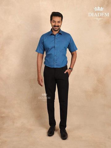 Ink Blue Solid Cotton Half Sleeve Shirt - Diadem