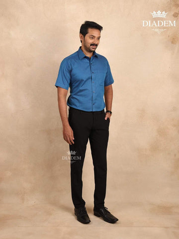 Ink Blue Solid Cotton Half Sleeve Shirt - Diadem