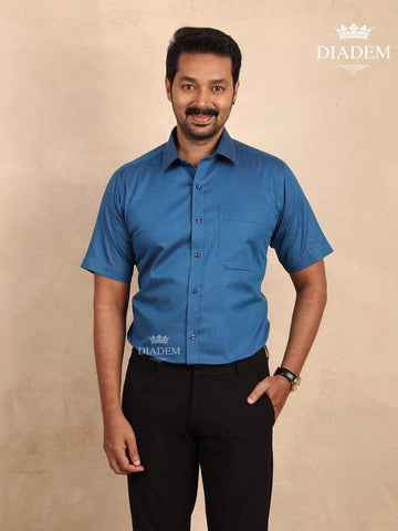 Ink Blue Solid Cotton Half Sleeve Shirt - Diadem
