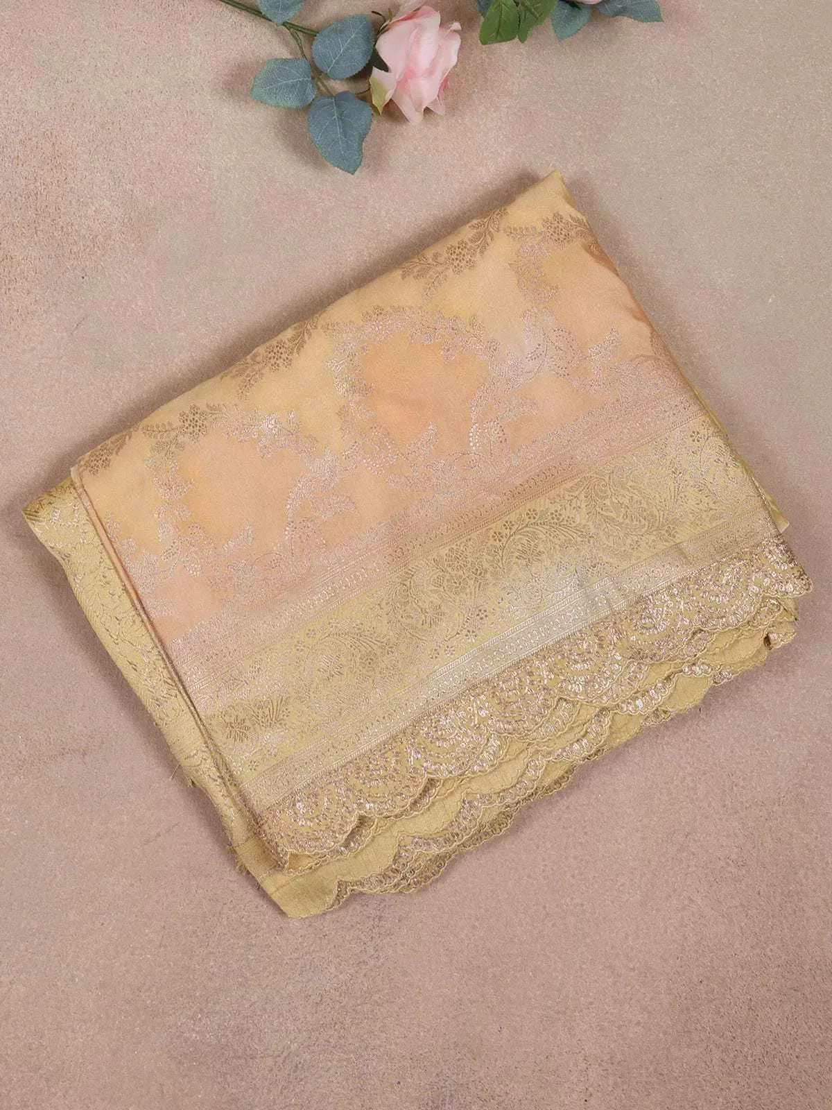 Light Yellow Organza Saree with Floral Designs on the body and Zari Border - Diadem