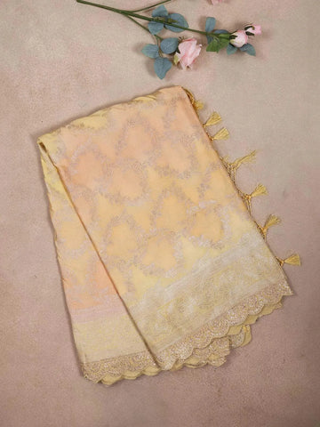 Light Yellow Organza Saree with Floral Designs on the body and Zari Border - Diadem