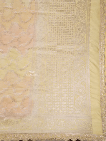 Light Yellow Organza Saree with Floral Designs on the body and Zari Border - Diadem