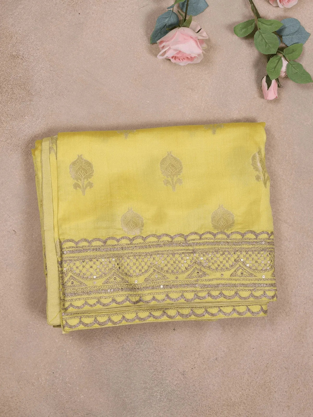 Light Yellow Organza Saree with Floral Designs on the Body and Paired with Designer Blouse - Diadem