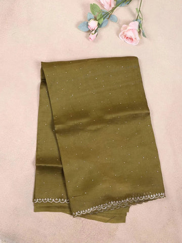 Olive Green Organza Saree with Floral Designs on the Body and Embroidered Border Paired with Blouse - Diadem