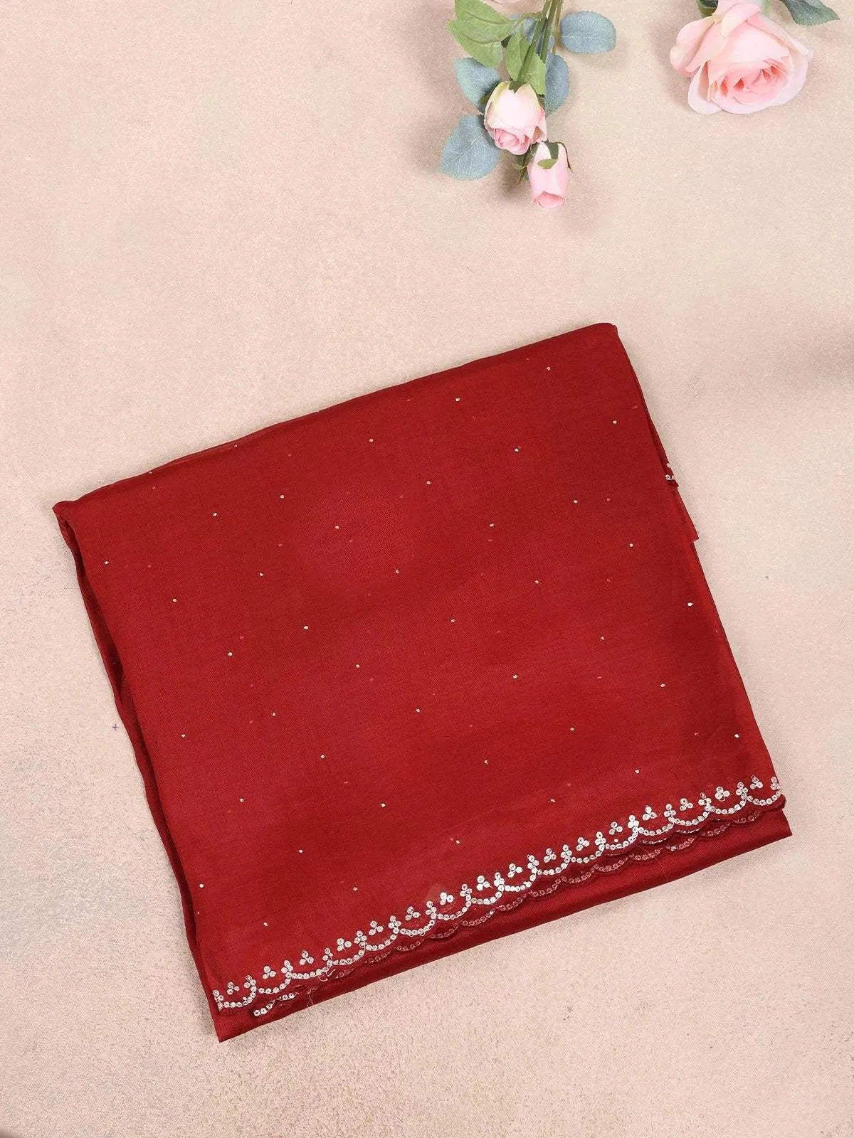 Red Organza Saree with Floral Designs on the Body and Embroidered Border Paired with Blouse - Diadem