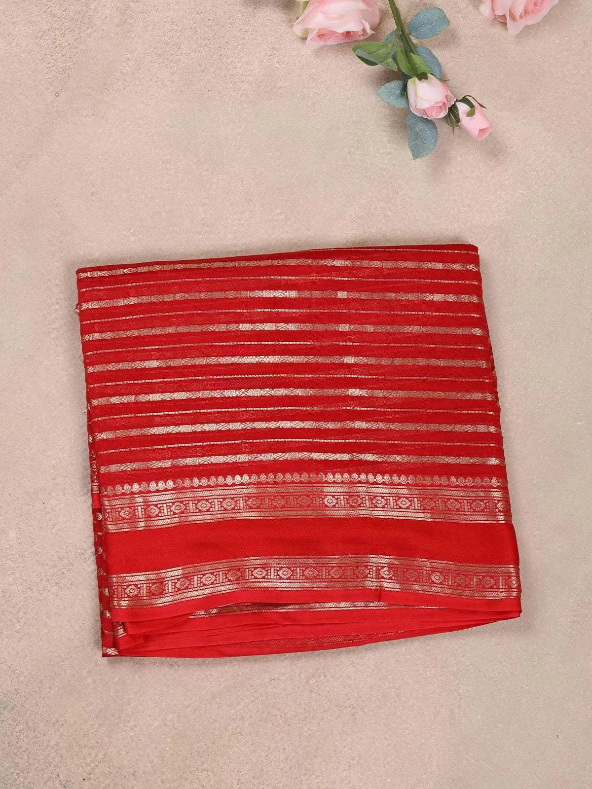 Red Organza Saree with Stripes on the body and Paired with Designer Blouse - Diadem